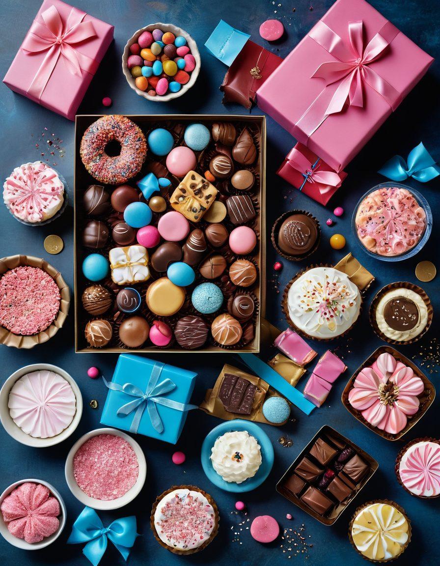 A whimsical layout of an assortment of gourmet treats, including colorful fancy candies, decadent chocolates, and artisanal pastries. Incorporate vibrant hues of pinks, golds, and blues, with delicate paper wrappers and elegant gift boxes. Add a touch of playful sprinkles and frosting art to evoke joy and indulgence. Capture an inviting and celebratory atmosphere. super-realistic. vibrant colors. soft focus.