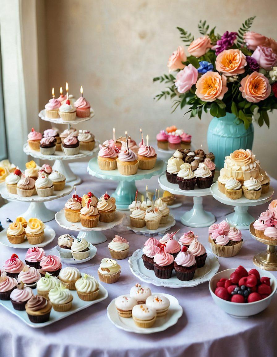 A beautifully arranged table showcasing a variety of delightful dessert items, including intricately decorated cupcakes, elegant macarons, and a vibrant birthday cake adorned with fresh flowers. Surrounding the table are colorful gift boxes and ribbons, creating a festive atmosphere. Soft, warm lighting enriches the scene, evoking feelings of joy and celebration for every occasion. pastel colors, soft focus, inviting ambiance.