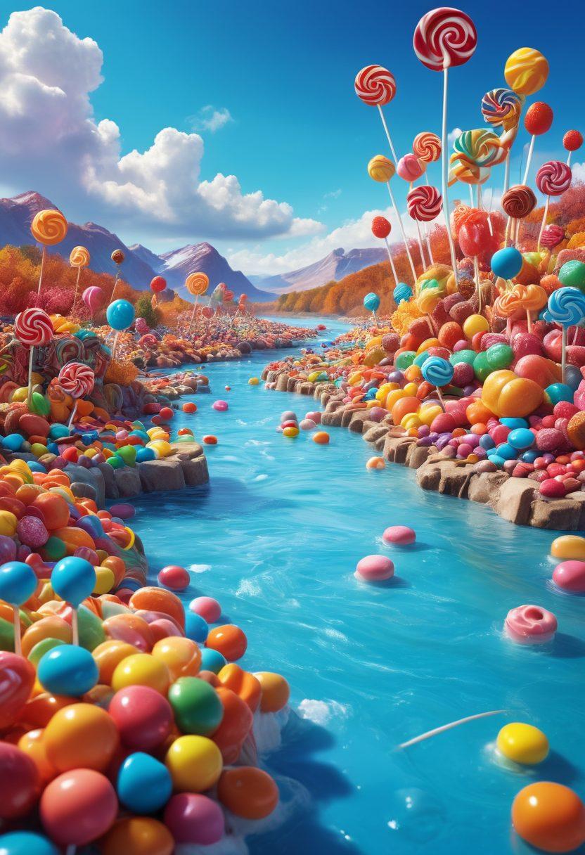 A whimsical candy landscape featuring colorful lollipops towering over a flowing river of fudge, with smaller sweets and treats scattered throughout. Vivid and vibrant hues create a joyful atmosphere, inviting viewers into a world of sugary delights. Include a bright blue sky with fluffy clouds, and playful animals enjoying the treats. Digital illustration. vibrant colors. playful style.